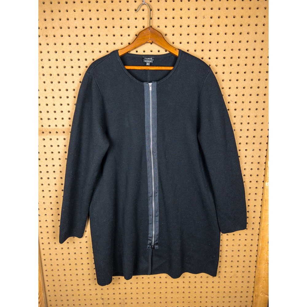 Talbots Pure Merino Wool Black Full Zip Longline Cardigan Sweater Womens XL